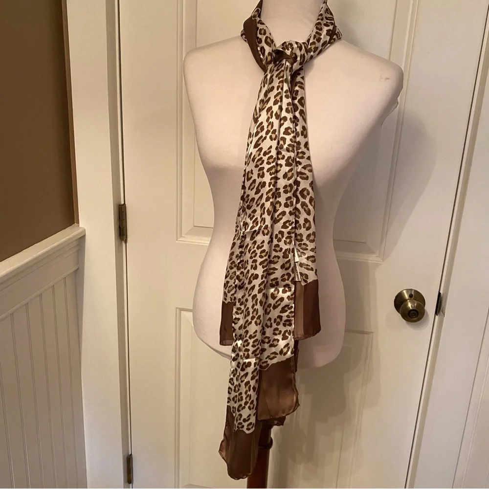 DONCASTER SCARF BROWN WHITE ANIMAL PRINT SILK LONG RECTANGLE ACCESSORY
